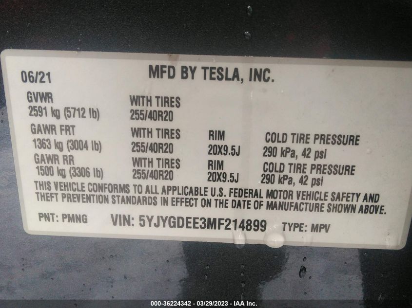 2021 TESLA MODEL Y LONG RANGE - 5YJYGDEE3MF214899