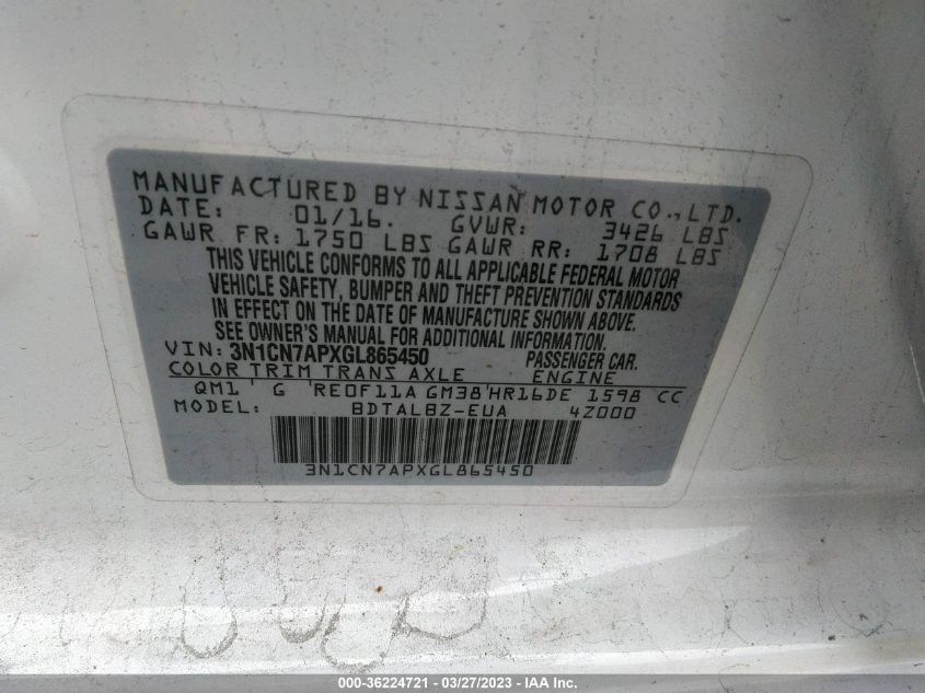 2016 NISSAN VERSA SV - 3N1CN7APXGL865450