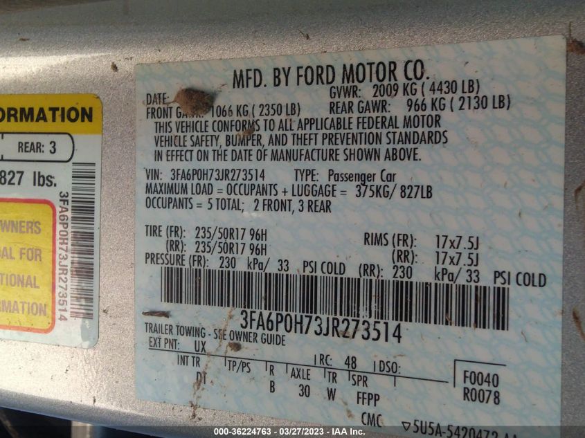 2018 FORD FUSION SE - 3FA6P0H73JR273514