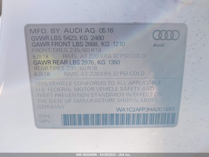 VIN WA1C2AFP3HA001659 2017 AUDI Q5 PREMIUM