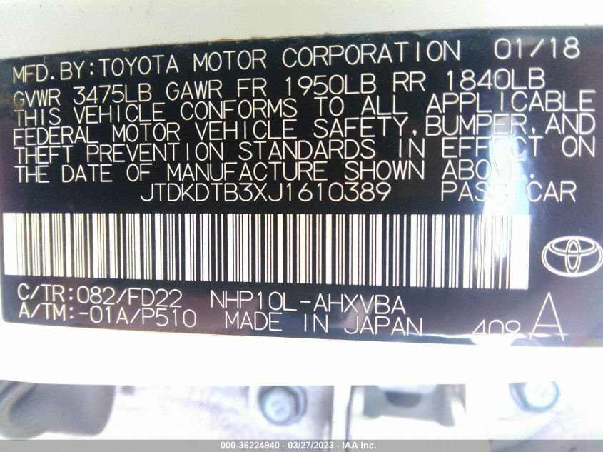 2018 TOYOTA PRIUS C ONE/TWO/THREE/FOUR - JTDKDTB3XJ1610389