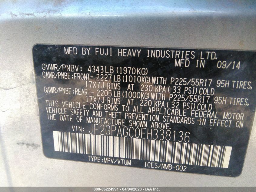 2014 SUBARU XV CROSSTREK LIMITED - JF2GPAGC0EH338136