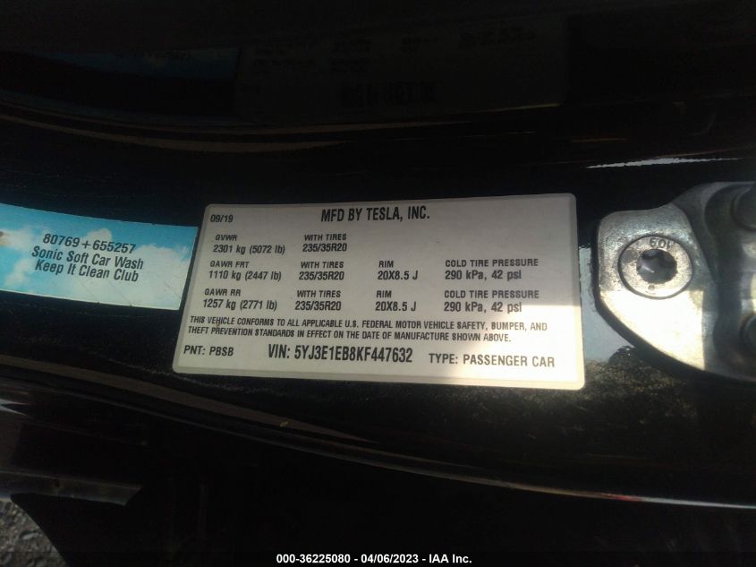 2019 TESLA MODEL 3 LONG RANGE/PERFORMANCE - 5YJ3E1EB8KF447632