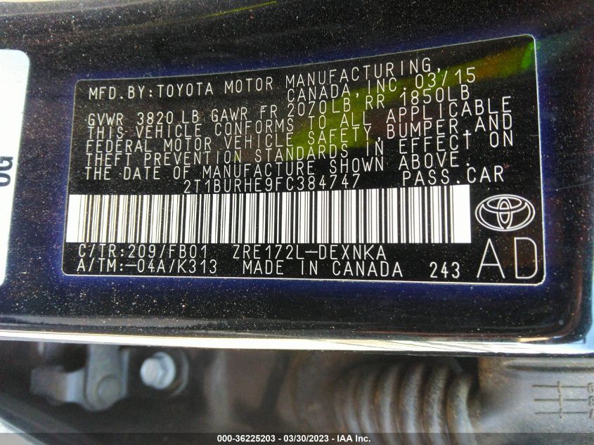 2015 TOYOTA COROLLA L/LE/S/S PLUS/LE PLUS - 2T1BURHE9FC384747