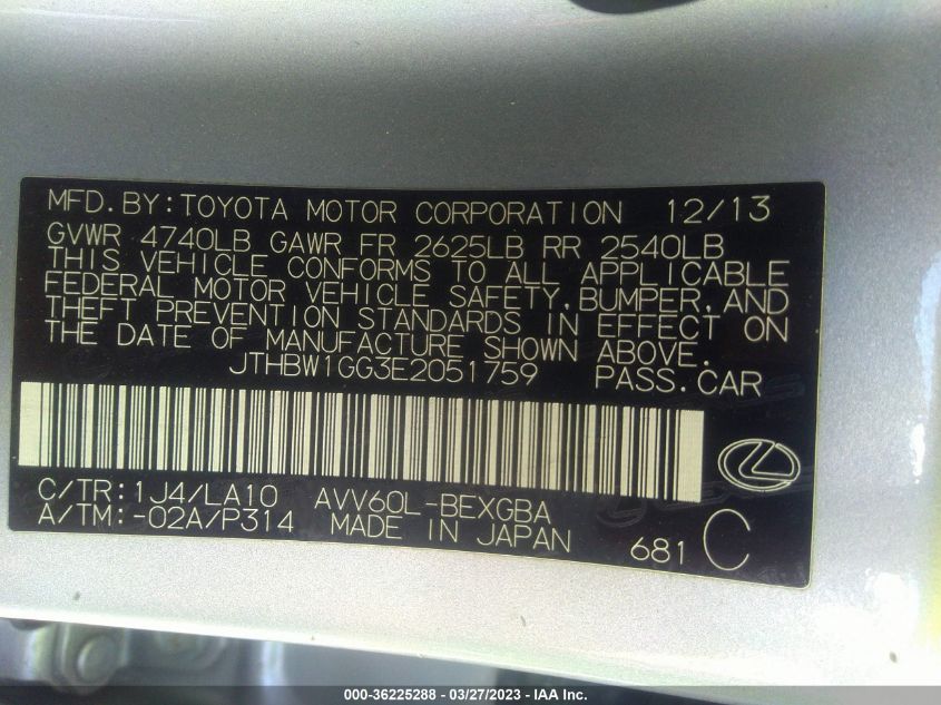 2014 LEXUS ES 300H HYBRID JTHBW1GG3E2051759