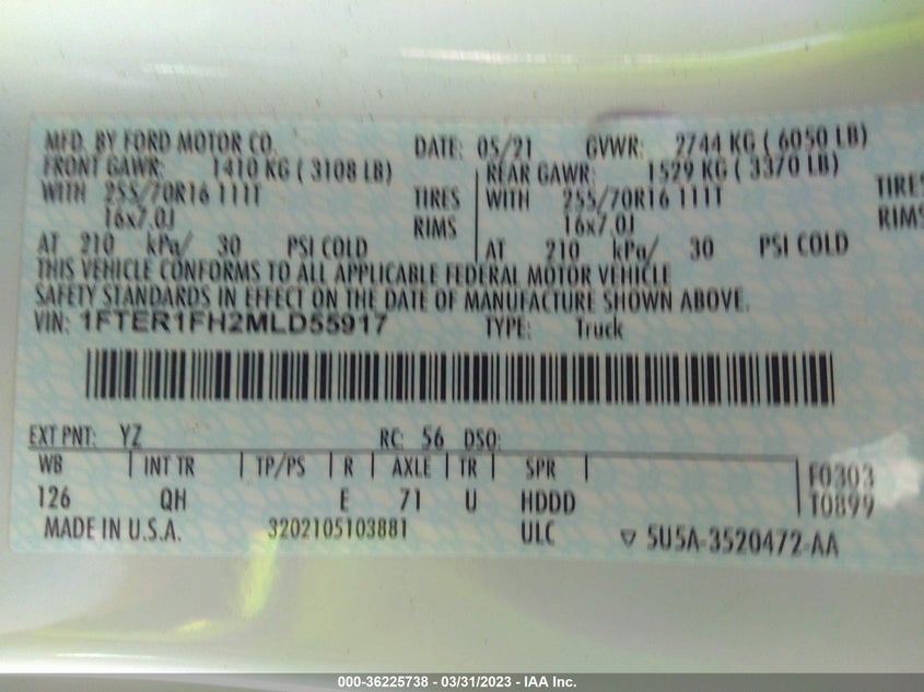 VIN 1FTER1FH2MLD55917 2021 FORD RANGER XL/XLT