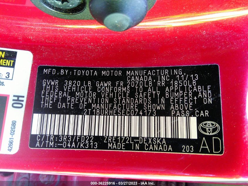 2014 TOYOTA COROLLA L/LE/S/S PLUS/LE PLUS - 2T1BURHE5EC074173