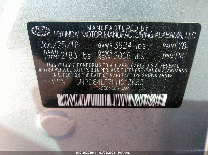 VIN 5NPD84LF7HH013683 2017 HYUNDAI ELANTRA SE
