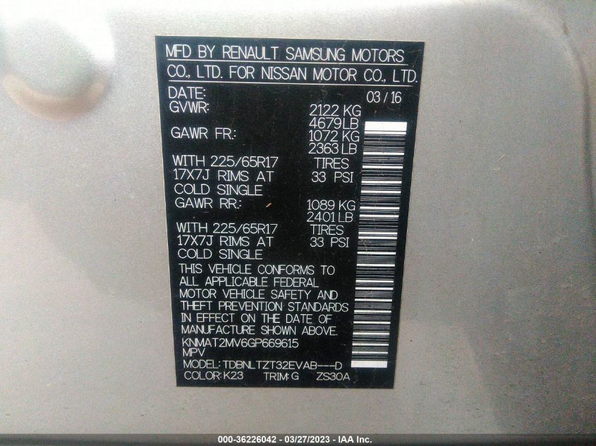 2016 NISSAN ROGUE SV - KNMAT2MV6GP669615