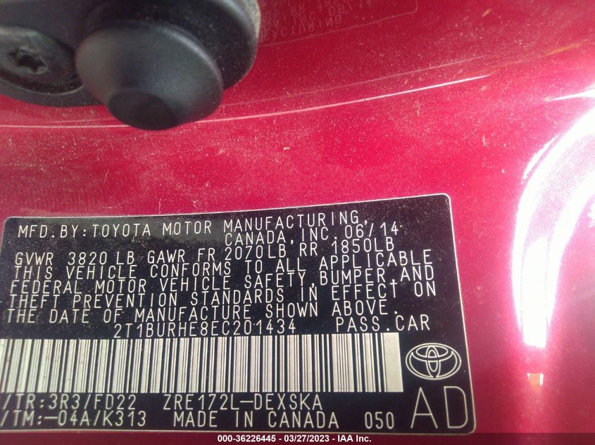 2014 TOYOTA COROLLA L/LE/S/S PLUS/LE PLUS - 2T1BURHE8EC201434