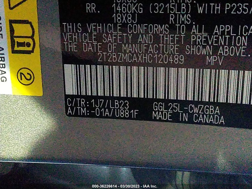 VIN 2T2BZMCAXHC120489 2017 LEXUS RX RX 350