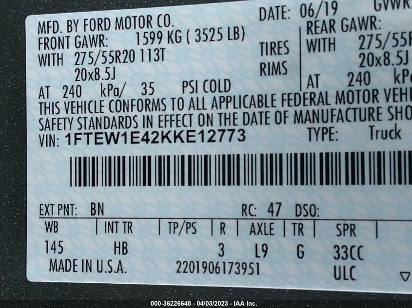 2019 FORD F-150 XL/XLT/LARIAT - 1FTEW1E42KKE12773