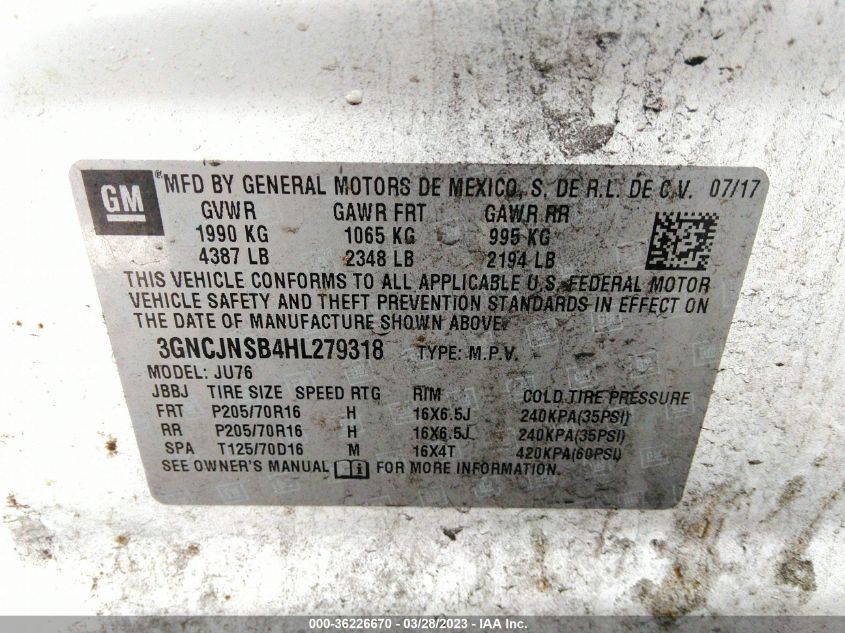 2017 CHEVROLET TRAX LS - 3GNCJNSB4HL279318