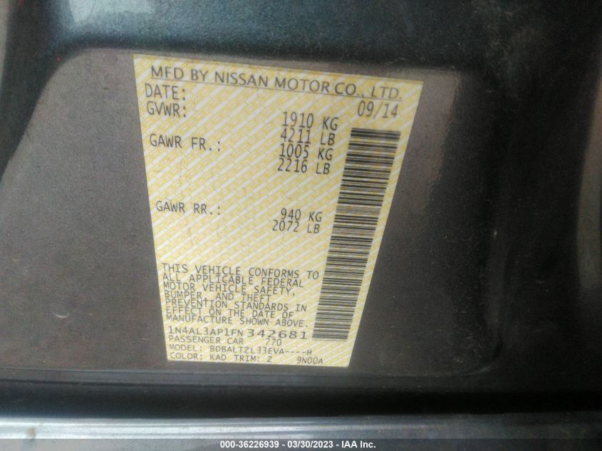 2015 NISSAN ALTIMA 2.5 SL - 1N4AL3AP1FN342681