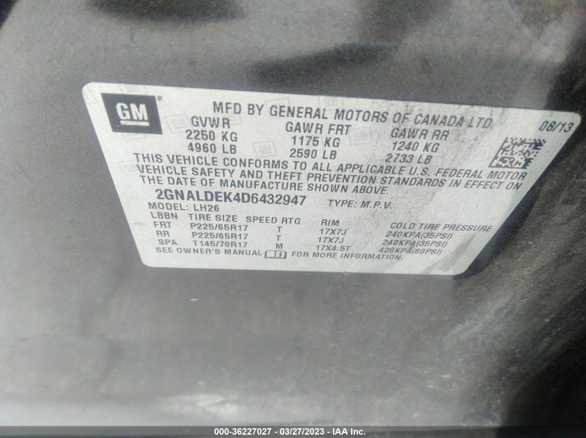 2013 CHEVROLET EQUINOX LT - 2GNALDEK4D6432947