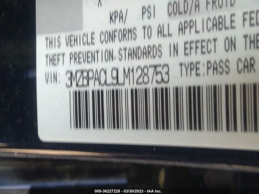 VIN 3MZBPACL9LM128753 2020 MAZDA MAZDA3 SEDAN SELECT PACKAGE