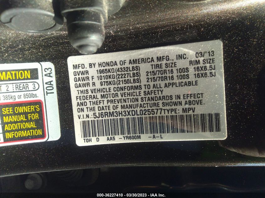 2013 HONDA CR-V LX - 5J6RM3H3XDL025577