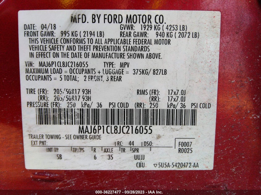 VIN MAJ6P1CL8JC216055 2018 FORD ECOSPORT SES