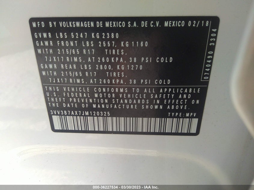VIN 3VV3B7AX7JM120325 2018 VOLKSWAGEN TIGUAN SEL/SE