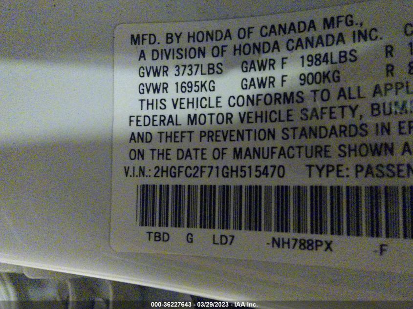 2016 HONDA CIVIC SEDAN EX - 2HGFC2F71GH515470