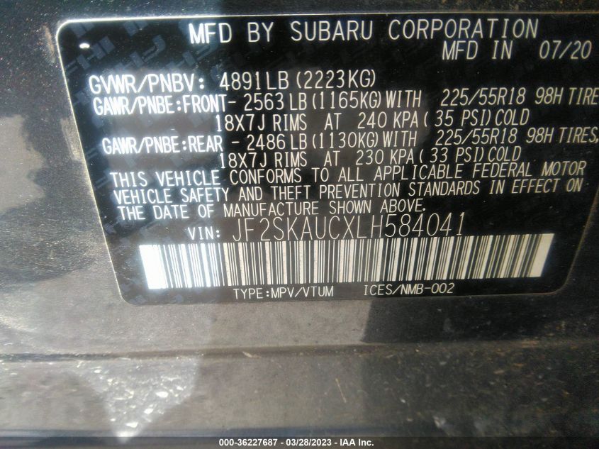 2020 SUBARU FORESTER LIMITED - JF2SKAUCXLH584041