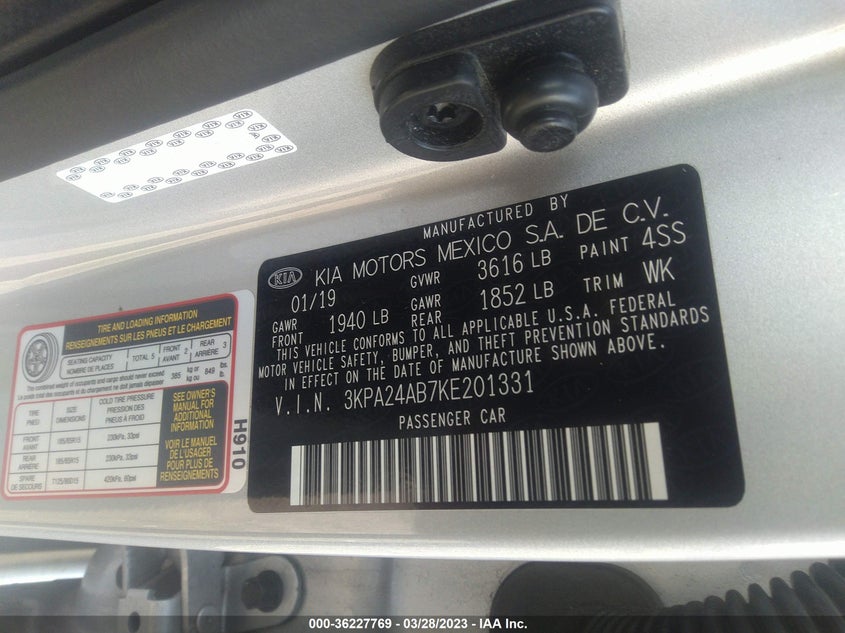 VIN 3KPA24AB7KE201331 2019 KIA RIO S