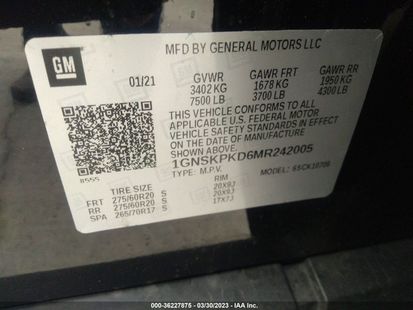 2021 CHEVROLET TAHOE Z71 - 1GNSKPKD6MR242005