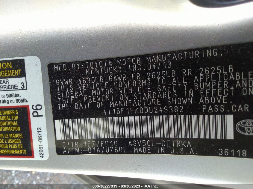 2013 TOYOTA CAMRY LE - 4T1BF1FK0DU249382