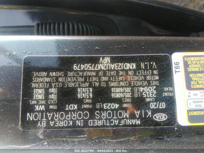 2021 KIA SOUL S - KNDJ23AU2M7750479