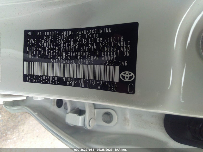 VIN 5YFEPRAE6LP067812 2020 TOYOTA COROLLA LE