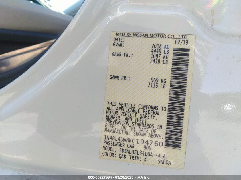 2019 NISSAN ALTIMA 2.5 SV - 1N4BL4DW8KC194760