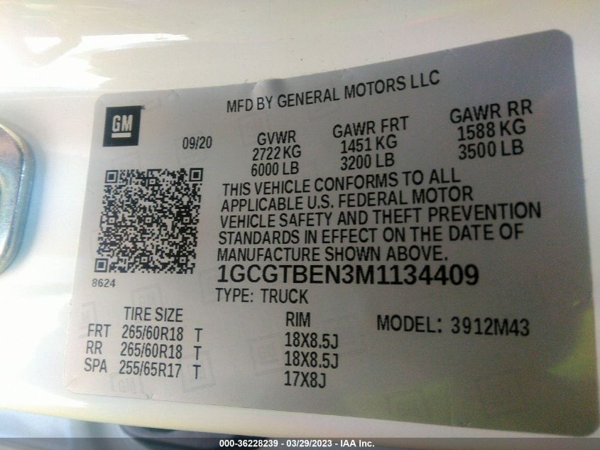 2021 CHEVROLET COLORADO 4WD WORK TRUCK - 1GCGTBEN3M1134409
