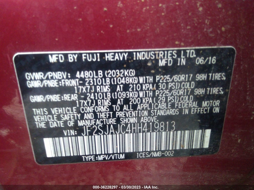 VIN JF2SJAJC4HH419813 2017 SUBARU FORESTER LIMITED