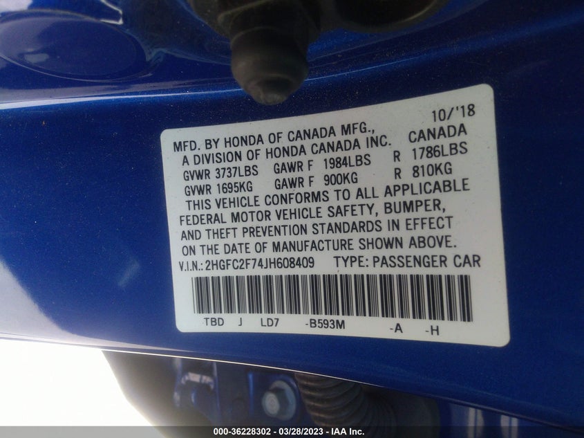 VIN 2HGFC2F74JH608409 2018 HONDA CIVIC SEDAN EX