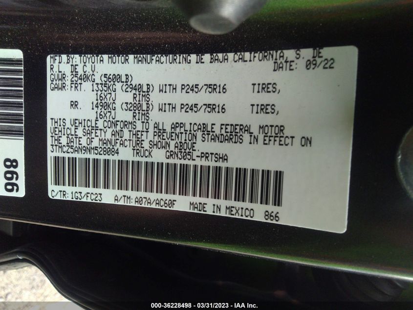 2022 TOYOTA TACOMA 4WD SR/SR5/TRD SPORT - 3TMCZ5AN9NM528084