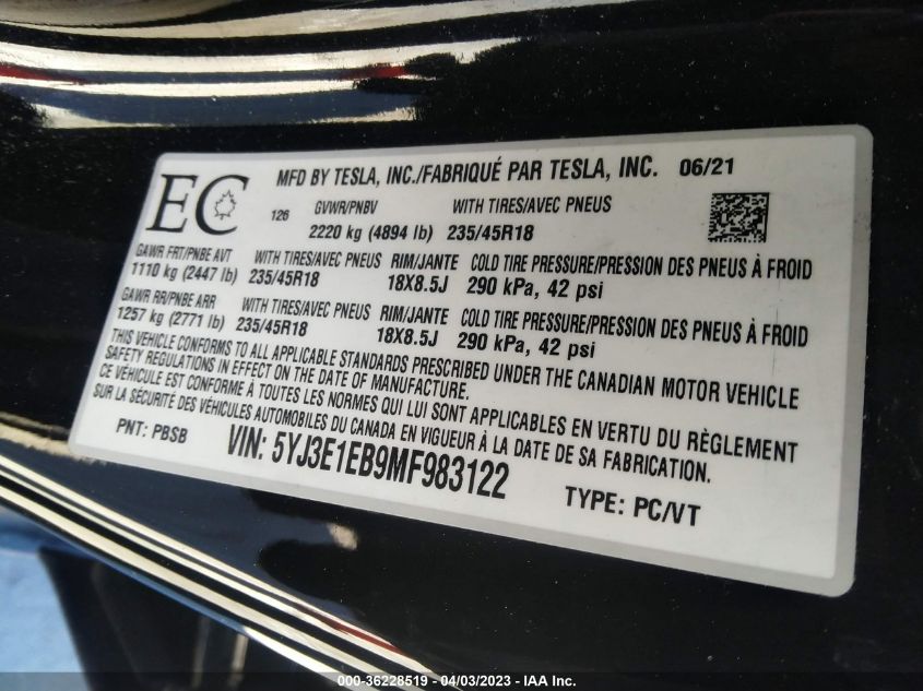 2021 TESLA MODEL 3 LONG RANGE - 5YJ3E1EB9MF983122