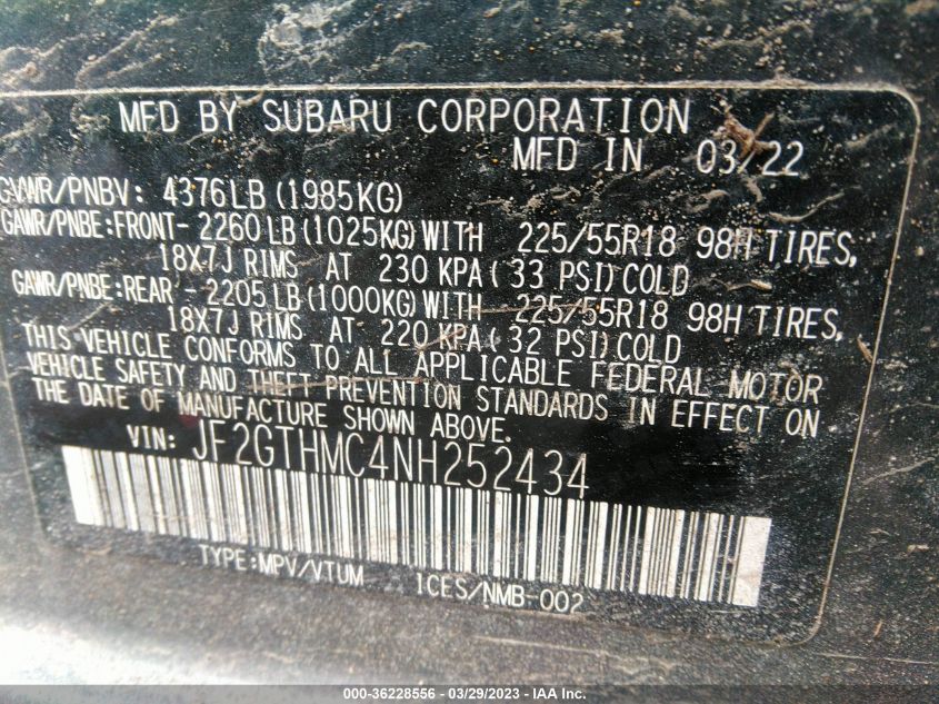 2022 SUBARU CROSSTREK LIMITED - JF2GTHMC4NH252434