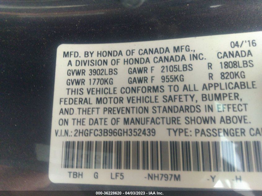 2016 HONDA CIVIC COUPE TOURING - 2HGFC3B96GH352439