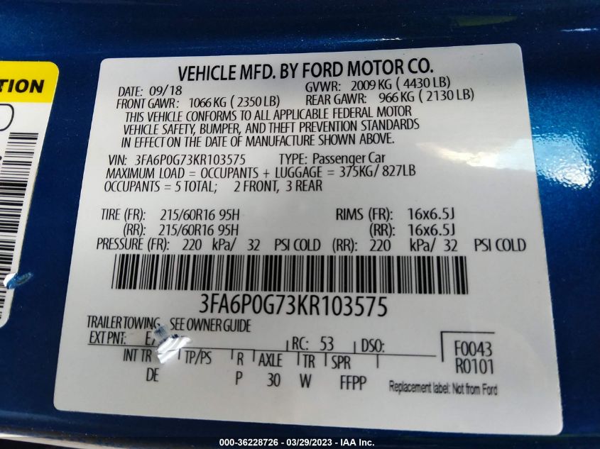 2019 FORD FUSION S - 3FA6P0G73KR103575