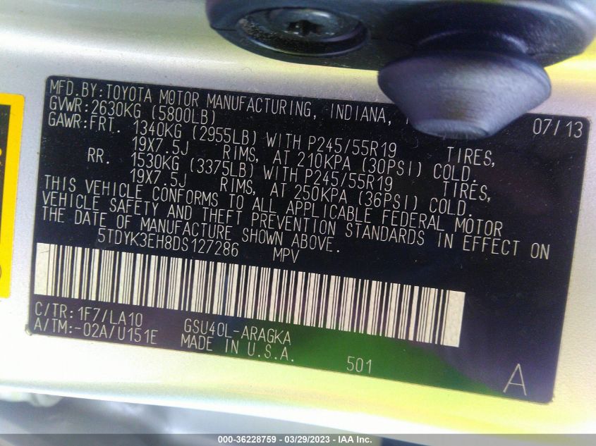 2013 TOYOTA HIGHLANDER LIMITED - 5TDYK3EH8DS127286