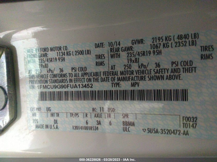 2015 FORD ESCAPE SE - 1FMCU9G90FUA13452