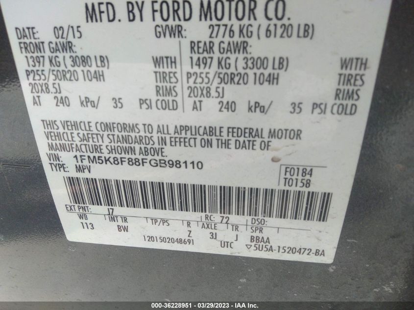 2015 FORD EXPLORER LIMITED - 1FM5K8F88FGB98110
