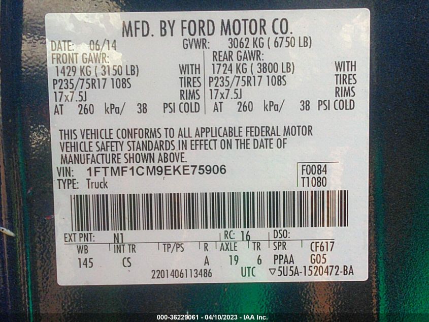 2014 FORD F-150 XL/XLT/STX - 1FTMF1CM9EKE75906