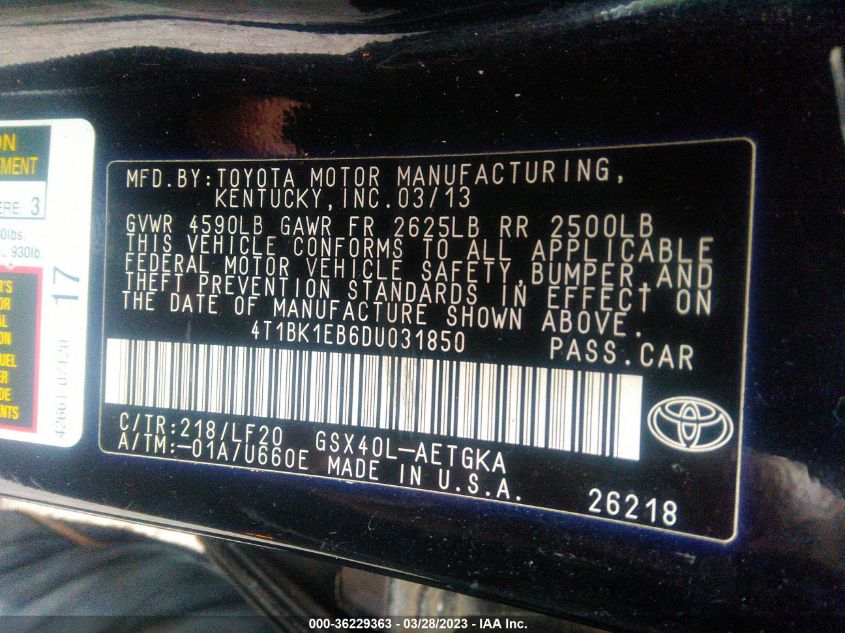 2013 TOYOTA AVALON XLE/LIMITED - 4T1BK1EB6DU031850