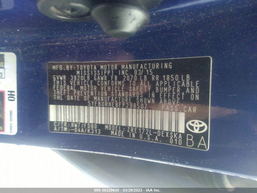 2015 TOYOTA COROLLA L/LE/S/S PLUS/LE PLUS - 5YFBURHE8FP298507