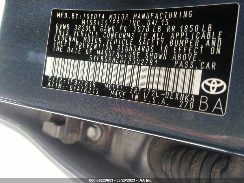 2015 TOYOTA COROLLA L/LE/S/S PLUS/LE PLUS - 5YFBURHE6FP302781
