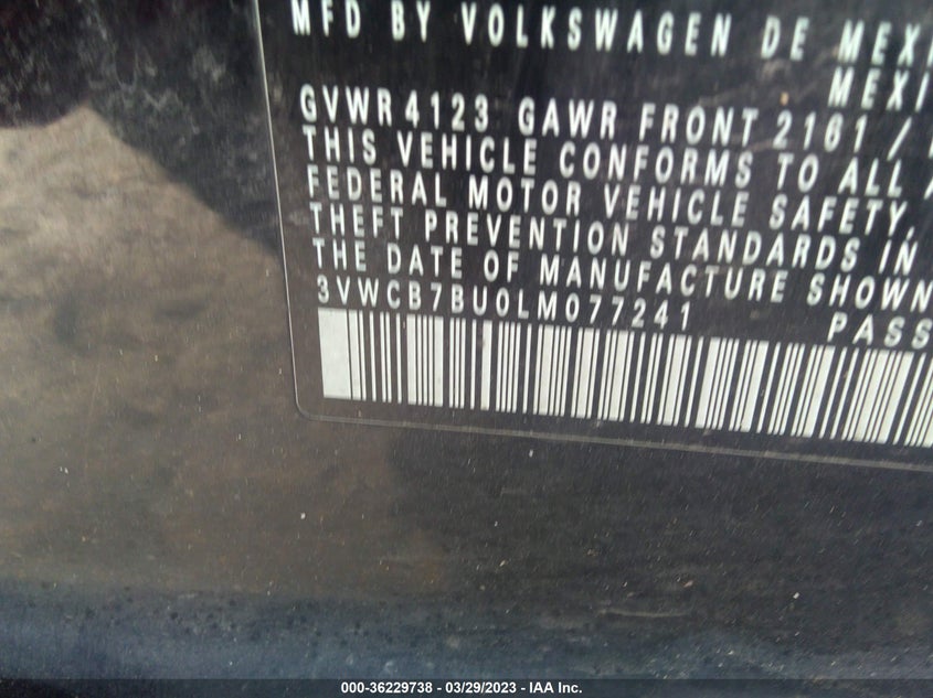 VIN 3VWCB7BU0LM077241 2020 VOLKSWAGEN JETTA S/SE/R-LINE
