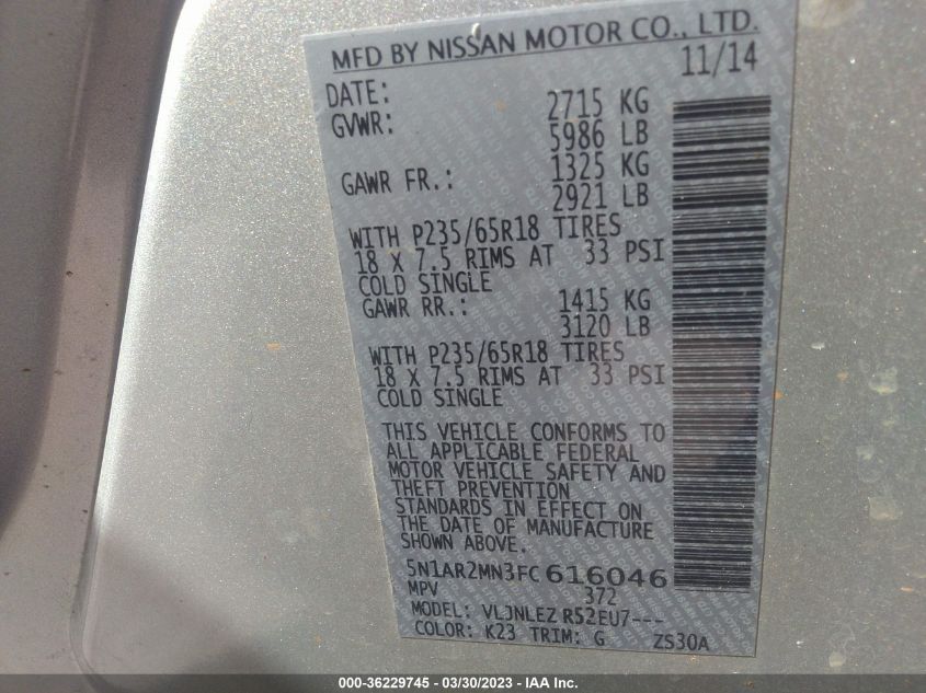 2015 NISSAN PATHFINDER S/SV/PLATINUM/SL - 5N1AR2MN3FC616046