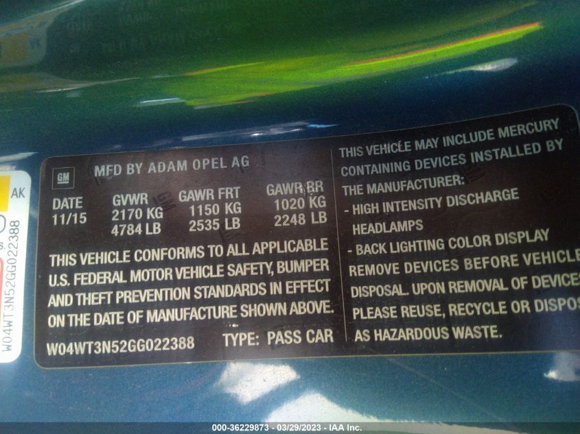 2016 BUICK CASCADA PREMIUM W04WT3N52GG022388
