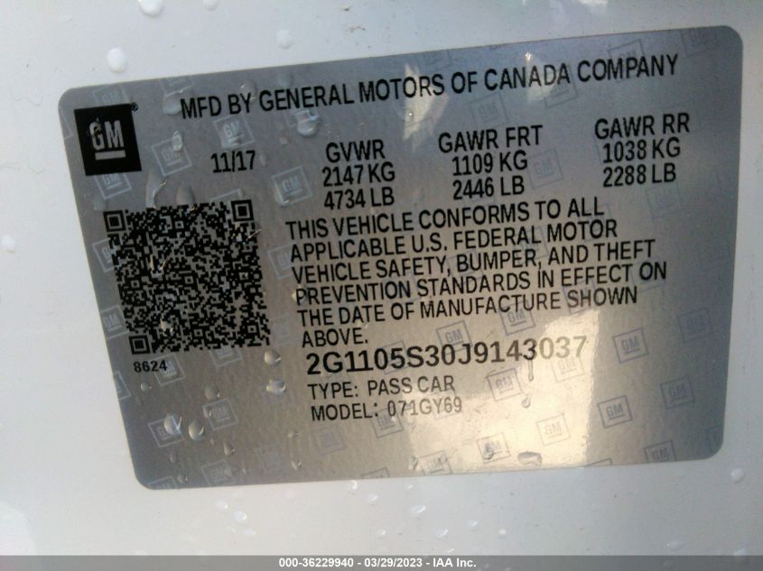 2018 CHEVROLET IMPALA LT - 2G1105S30J9143037